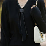 Elegant Commuter V‑Neck Ribbon Long‑Sleeve Knit Sweater