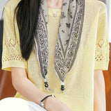 Casual Round Neck Scarf Decor Short Sleeve Knit Sweater