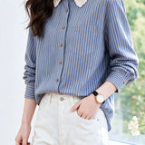 Elegant Date Lace Peter Pan Collar Long‑Sleeve Striped Blouse