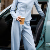 Casual Stand Collar Zipper Long Sleeve Outerwear And High Waist Drawstring Wide Leg Pants Set