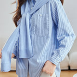 Casual Striped Patch Pocket Pure Cotton Shirt And Knit Shawl Two‑Piece Set