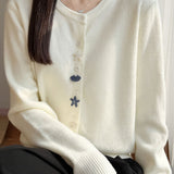 Casual Crew Neck Long‑Sleeve Knit Coat With Starfish Shell Buttons