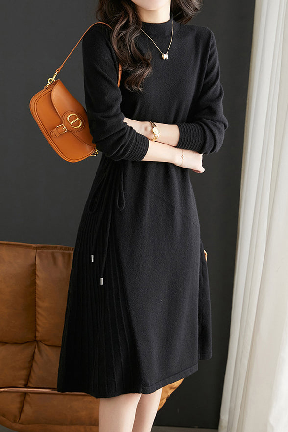 Off Neck Drawstring Flare Knit Dress - 3 Colors Available - liwisi