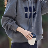 Casual Hooded Drawstring Letter Drop‑Shoulder Long‑Sleeve Sweatshirt