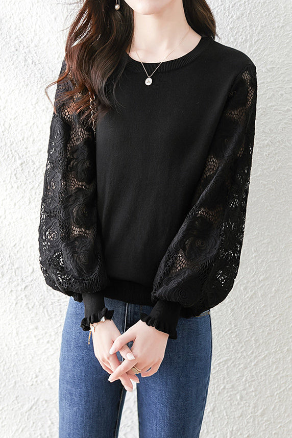 Elegant Temperament Patchwork Lace Puff Sleeve Knitted Top