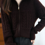 Casual Retro Cable‑Knit Spliced Zip‑Up Cardigan