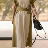Elegant Color Contrast V-neck Tie Dress