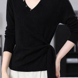 Casual Single‑Breasted Cross V‑Neck Side Tie Knit Top