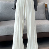 Elegant Casual Knit Wide-Leg Pants With Lace Trim & Drawstring