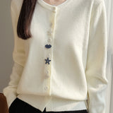 Casual Crew Neck Long‑Sleeve Knit Coat With Starfish Shell Buttons