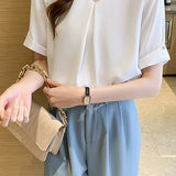 V-Neck Front Tuck-In Short Sleeve Blouse - 2 Colors Available