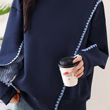 Lace Contrast Round Neck Striped Sleeve Sweatshirt