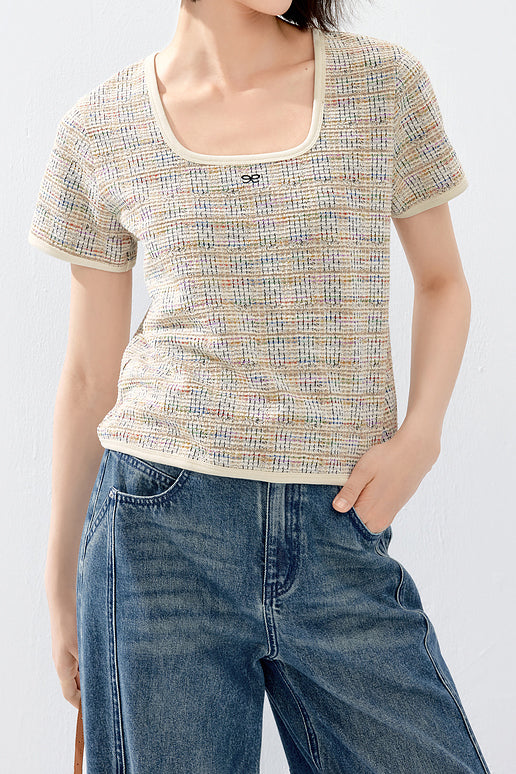 ラウンドネックロゴ刺繡ツイードTシャツ　2色入 - liwisi