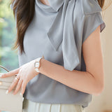 Diagonal Bow Tie Collar Drop Shoulder Satin Blouse - 2 Colors Available