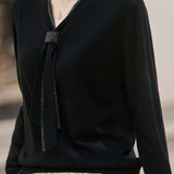 Elegant Commuter V‑Neck Ribbon Long‑Sleeve Knit Sweater