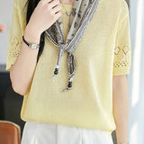 Casual Round Neck Scarf Decor Short Sleeve Knit Sweater