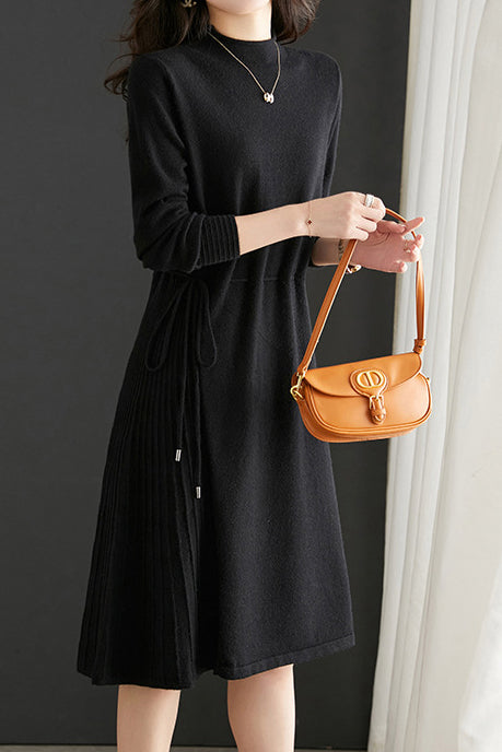 Off Neck Drawstring Flare Knit Dress - 3 Colors Available - liwisi