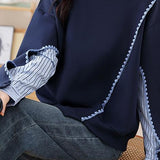 Lace Contrast Round Neck Striped Sleeve Sweatshirt