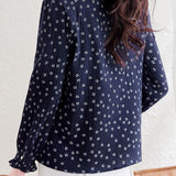 Exquisite Commuter Ruffled Floral Stand Collar Long Sleeve Blouse