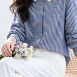 Elegant Date Lace Peter Pan Collar Long‑Sleeve Striped Blouse
