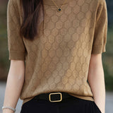 Elegant Commuter Crew Neck Hollow-Out Short-Sleeve Knit Top