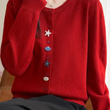Casual Crew Neck Long‑Sleeve Knit Coat With Starfish Shell Buttons