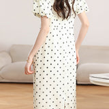 Gentle Commuter Polka Dot Puff Sleeve Dress