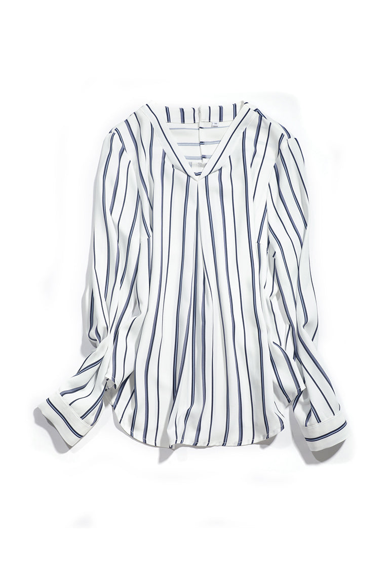 V-neck front tuck striped blouse