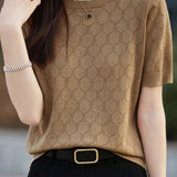 Elegant Commuter Crew Neck Hollow-Out Short-Sleeve Knit Top