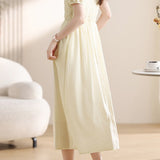 French Textured Crew Neck Short Sleeve Maxi Dress With Full Skirt