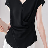 Elegant V-neck Waist-tight Irregular Short Sleeve Blouse