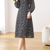 Exquisite Elegant Floral Waist-Cinched Long-Sleeve Dress