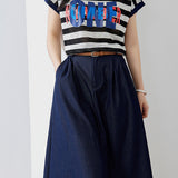 Two-Piece Set: Round Neck Logo Print Striped Blouse + Simple Design Long Belted Skirt