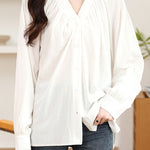 Early Autumn Stylish Ruched V-Neck Shirt - liwisi