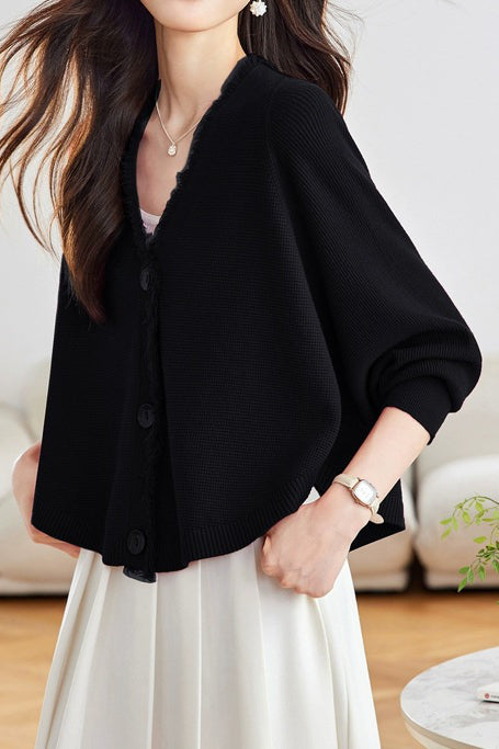 Casual Batwing Sleeve Fringed Knit Cardigan - liwisi