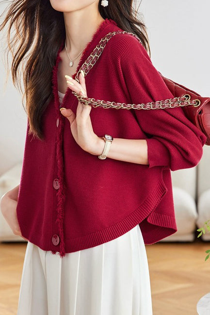 Casual Batwing Sleeve Fringed Knit Cardigan - liwisi