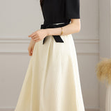 Bi-Color Square Neck Tie-Belted Flare Dress with Lining