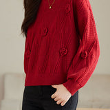 Elegant Loose Lantern Sleeve 3D Flower Pullover Sweater