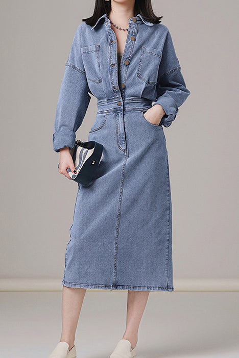 バックスリットデニムロングシャツワンピース - liwisi