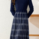 Drawstring Check Contrast Knit Dress - 2 Colors Available