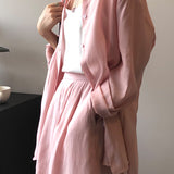 Two-Piece Set: Back Slit Sheer Shirt with Tie Belt + Front Tuck Shorts with Lining - 3 Colors Available