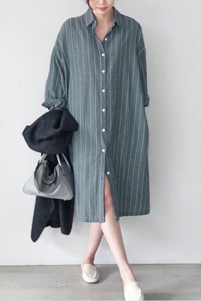ドロップショルダーストライプ柄シャツワンピース　2色入 - liwisi