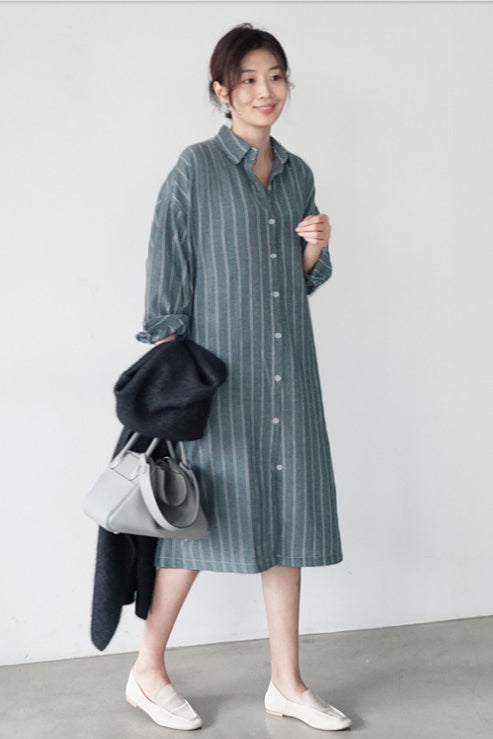 ドロップショルダーストライプ柄シャツワンピース　2色入 - liwisi