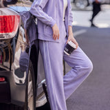 Casual Hooded Zip Long Sleeve Jacket & High Waist Wide Leg Pants Set