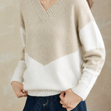 Casual Commuter Color Contrast Deep V-Neck Pullover Knit Top