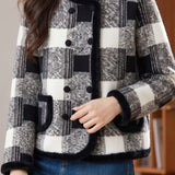 Casual Crew Neck Plaid Double‑Breasted Long‑Sleeve Coat