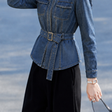 Elegant Commuter Lapel Waist-Tie Denim Jacket