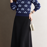 Exquisite Elegant Round Neck Jacquard Long Sleeve Sweater And High Waist Midi Skirt Set