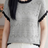 Gentle Commuter Color Contrast Wavy Crew Neck Hollow-out Short Sleeve Knit Top
