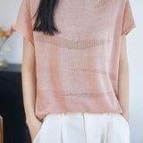 Elegant Commuter Wavy Hollow-out Short Sleeve Knit Top